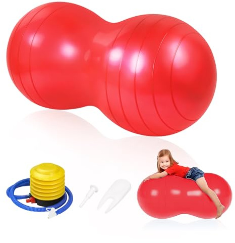 flintronic Peanut Ball for Kids Therapy, 90x45cm Exercise Balls, Anti-burst Yoga Ball with Pump, for Pregnancy Birth, Kids Physical Therapy, Core Training, Pilates, Red