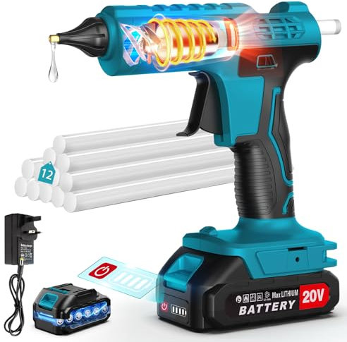 100W Cordless Hot Glue Gun, 2000mAh Battery, 12pcs Glue Sticks, Anti-Drip Nozzle, LED Light, Stand, Heavy Duty & Crafts