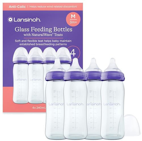 Lansinoh Glass Baby Bottle + NaturalWave™ Medium Flow Teat with Anti Colic Air Vent - 4 x 240ml - BPA & BPS-Free - Breastfeeding Bottle Feeding: Clinically Proven to Reduce Nipple Confusion