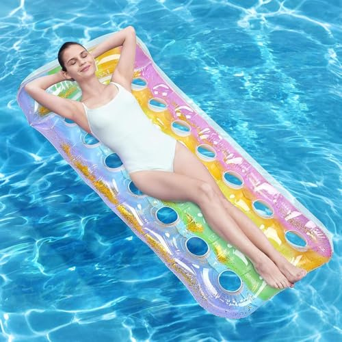 SelfTek Pool Inflatables, Lilo Pool Inflatables for Adults Inflatable Pool Floats with Comfy Headrest and Water Flow Holes, Rainbow Glitter Inflatable Rafts Lounger for Swimming, Sunbath, Tanning