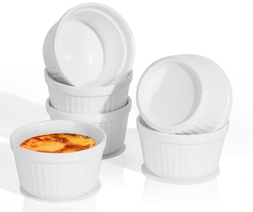 White Porcelain Ramekins, 200ML Baking Cups for Souffle, Porcelain Souffle Dish for Small Cakes, Creme Brulee,Pudding and Ice Cream Sauce and Dips- Durable Pack of 6