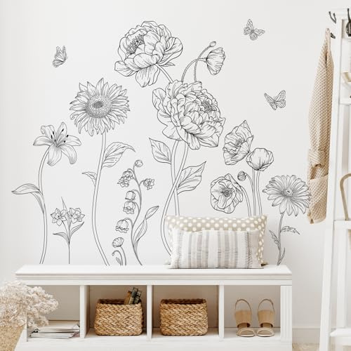 SHUCHING Large Black Flower Wall Decals Peel and Stick, Vinyl Simple Garden Flower Wall Sticker for Living Room Girl Bedroom, Transparent Floral Decal for Wall Glass