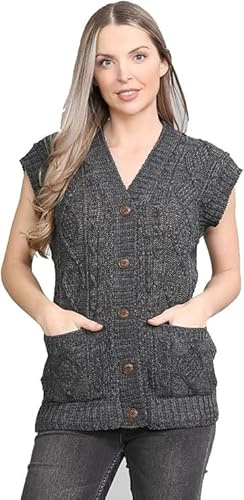 PureLayne® Gilet sans manches en tricot torsadé pour femme avec 5 boutons, col en V, 2 poches, tailles S à 4XL, charbon, 3XL