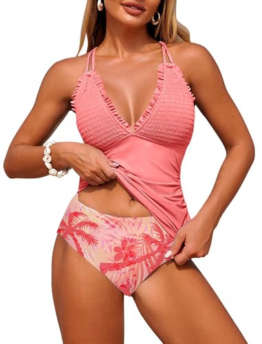 ZAFUL Womens Tankini Bathing Suits Modest Two Piece Swimsuit Smocked Push Up Slimming Tankinis with High Waisted Full Coverage Bottom Sexy Adjustable Straps Ruched Tummy Contro Swimwear Coral Pink L