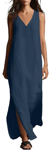 Vestidos Verano Mujer Vestidos Casual 2026 Cuello En V Tirantes Elegantes Algodón Y Lino Frescos Vestido Largo sin Mangas Transpirable Ligero Boho Fiesta Playa Vacaciones