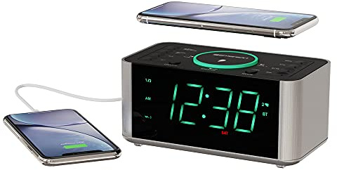 Emerson ER100202 Smartset Dual Alarm Clock Radio with USB Port and QI Wireless Phone Charger with Bluetooth, All Qi Compatible Phones