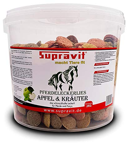 Supravit Pferde Leckerlies Apfel und Kräuter | Schmackhafte Pferdeleckerlis ohne Zucker I stärkt die Abwehrkräfte I für Pferd und Pony I Praktischer wiederverschließbarer 2kg Eimer