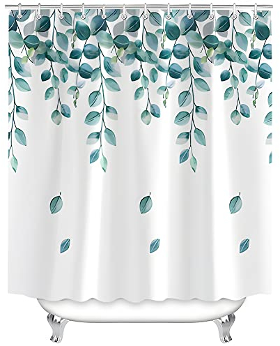 Lerores Duschvorhang 180x200cm Blätter Pflanze Beschwerter Saum Antischimmel Textil, Wasserabweisend, Waschbar Polyester Stoff Badevorhänge für Badezimmer, Badewanne mit 12 Duschvorhangringe