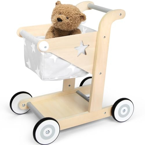 Asweets 2 in 1 Wooden Baby Walker Push and Pull Doll Stroller, Shopping Cart Learning Walker for Boys and Girls, Sit Stand Learning Toddler Toy (Grey)