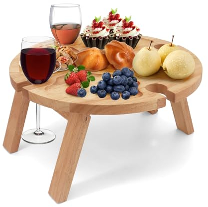 Buwico Table de pique-nique pliable en bois avec support pour verre à vin rouge - Table de pique-nique pliable - Petite table de plage pour jardin, voyage, camping, pique-nique, plage