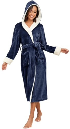 RONGTAI Bata con capucha de forro polar de felpa para mujer, camisón grueso, bata larga, ropa de dormir con dos bolsillos laterales y cinturón, Azul marino, M