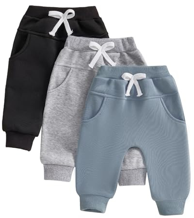 Carolilly - Pantalón de forro polar para bebé, 3 piezas, para invierno, cintura elástica, con bolsillos, color liso, Negro Gris Azul, 6-12 Meses