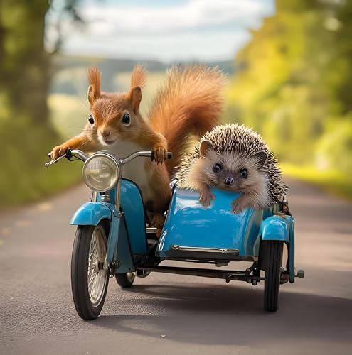 Noel Tatt Funny Birthday/Blank Greeting Card - Blank Card for Men/Women with Humorous Hedgehog and Red Squirrel Motorbike Design - General Card Suitable for Any Occasion