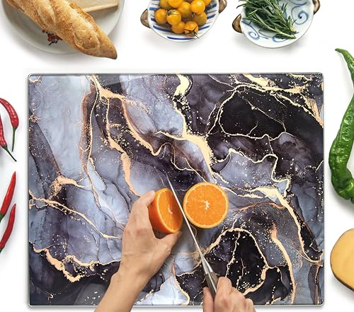 Kitchenville Glass Chopping Board 50x40cm : Tempered Glass Worktop Savers for Kitchens, Durable, Scratch-Resistant, Heat-Proof - Grey & Gold