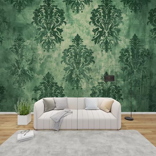 QEODAH Green Damask Wallpaper for Living Room, Vintage Emerald Green Wall Art for Bedroom, Ornate Baroque Wall Mural, Renter Friendly Removable Waterproof Non-Woven Photo Wallpaper 3D, 450x315 cm