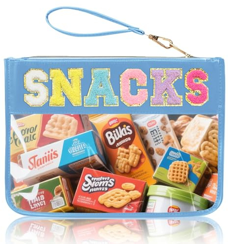 Siwara Snack Bags Clear Pouch Travel Makeup Bag Chenille Letter Bags for Zipper Pouch Clear Cosmetic Clearly Tote Bag Makeup Travel Bags for Women (Blue-Snack)