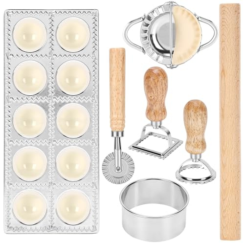 MEKOTRIN Ravioli Cutters Ravioli Mould Set, 7 PCS Pasta Making Tools Include Alloy Ravioli Press Stamp Cutter Rolling Pin Dumpling Skin Print, Kitchen Tools Pasta Maker Kit Makes 10 Raviolis at a Time