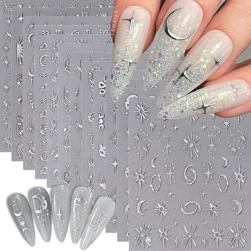 Floruvia Set di 12 Adesivi per Nail Art Argento, Adesivi per Unghie a Forma di Stella e Luna Autoadesivi per Manicure Fai Da Te, Decorazioni per Unghie Naturali e Artificiali