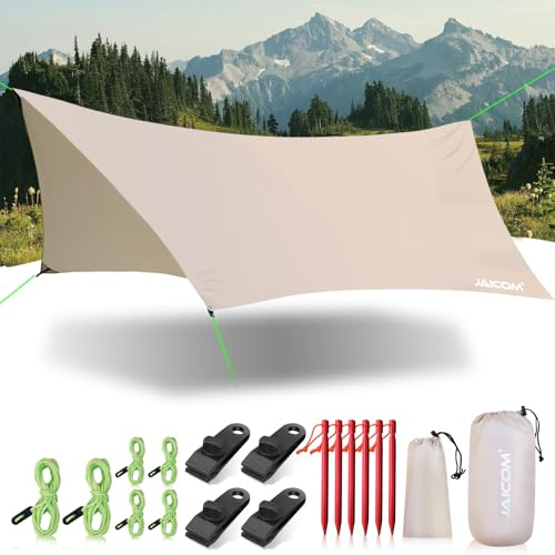JAICOM Tarp Campeggio Impermeabile, Telo per Tenda Accessori Campeggio - Antivento e Resistente ai raggi UV, con Corde del Vento, Picchetti in Alluminio, Tarp Clips, per uso Esterno e in Spiaggia