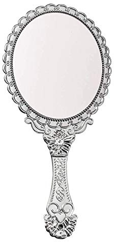 KABAKE Espejo de mano, espejo de mano con asa, pequeño paquete de viaje, espejos compactos, espejos decorativos vintage para maquillaje para niñas y mujeres, plateado