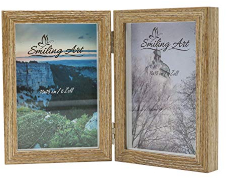 Smiling Art Bilderrahmen für 2 Fotos aus MDF Holz, klappbarer Bilderrahmen, Doppelrahmen, 3D Rahmen, Objektrahmen (Braun, 2x10x15 cm)