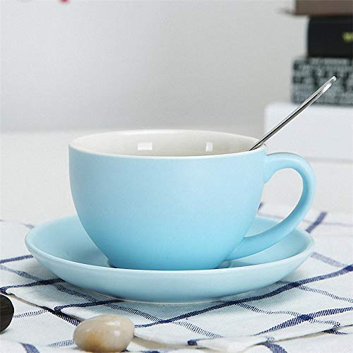 THUMBGEEK Tazas de capuchino de porcelana con platillos y cuchara, para bebidas de café especiales, latte, café moca y té, utilizadas en casa y en cafeterías, baristas profesionales (azul)