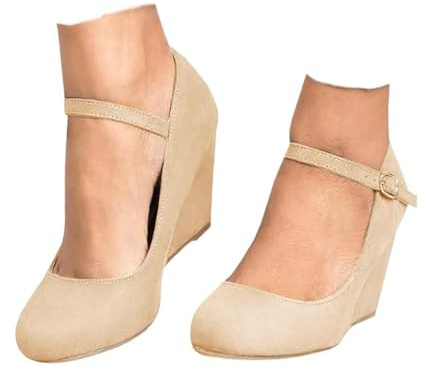 Coutgo Womens Wedge Pumps Dressy Mary Jane Shoes Comfort Wedges Closed Toe Ankle Strap Heeled Shoes Nude
