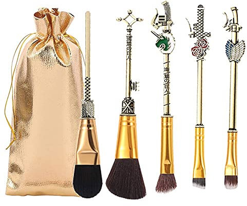 Lot de 5 pinceaux de maquillage avec manche en métal Attack on Titan Anime Collection pour fond de teint, blush, fard à paupières, visage, correcteur, eyeliner, contour, poudre liquide