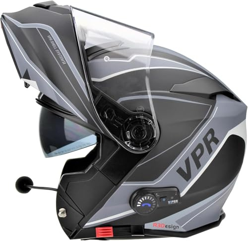 ViPER RSV171 Bluetooth Flip up Motorcycle Motorbike Bike Crash Helmets With Drop-Down Sun Visor Helmet ECE 22.06 Approved Unisex Adult Racing Touring Cruising Bike Wear (Zone Matt Grey,S)