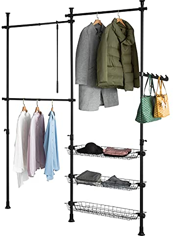 SoBuy Teleskop Kleiderständer, robuster Kleiderstange, verstellbarer offener Kleiderschrank mit Ablagen für Schlafzimmer, Garderobenständer, Schwarz FRG34-SCH