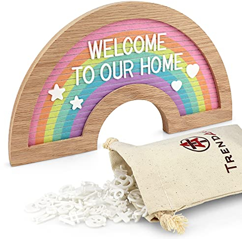 TrendArti Rainbow Letter Board – Filz Nachrichtenbrett & Baby Ankündigungstafel mit 363 Buchstaben, Zahlen, Symbole & Script Worten – Plüsch Pastell Letter Board mit massivem Eichenrahmen &