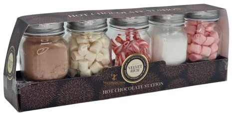 Hot Chocolate Station Kit - Christmas Hot Chocolate Gift Set In 5 Reusable Jars Containing Drinking Chocolate Mix Pink And White Hot Chocolate Marshmallows Candy Canes - Options Hot Chocolate Sets