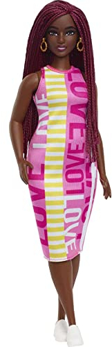 Barbie Fashionistas Puppe, Schwarze Barbiepuppe mit Zöpfen, rosa-gelb-weißes Kleid mit Love-Print an den Ärmeln, goldene Ohrringe, weiße Schuhe, inkl. Barbiepuppe, Geschenk für Kinder ab 3 Jahren