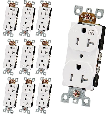Wengart (10-Pack) 20 Amp Receptacle Outlet, Smooth-Insert TR Tech & High-Visibility WR Mark, Home Inspection Ready Duplex Wall Plug, Self-Grounding for Garage & Outdoor, UL Listed White