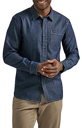 Lee Mäns Extreme Motion all-syfte arbetsskjorta, långärmad skjorta med knäppkrage, Denim tvätta, M