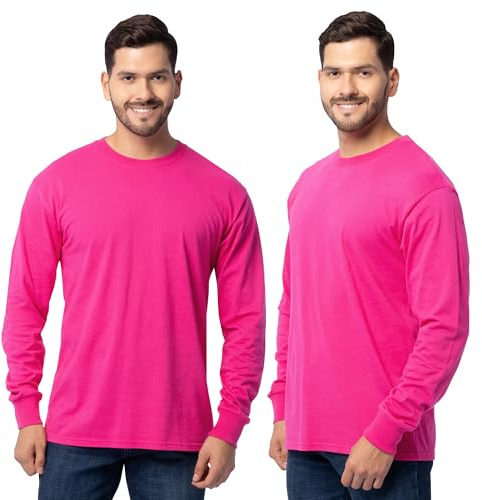 Fruit of the Loom Men's Eversoft Cotton T Shirts, Breathable & Moisture Wicking with Odor Control, Sizes S-4X, Long Sleeve-Cyber Pink