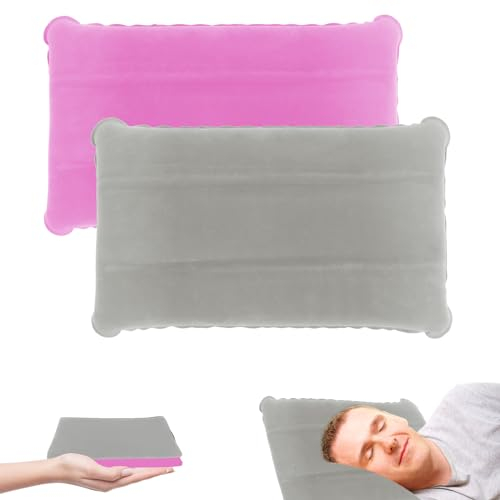 Lollanda 2 Stück Aufblasbares Kissen für Strand und Wasser, Bequem Camping Kopfkissen Leicht, Ergonomisches Reisekissen Aufblasbar für Outdoor Reisen Wandern （Rosa+Grau）
