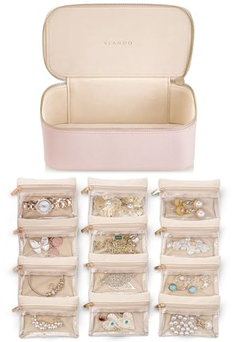 Vlando Organiseur de Voyage, Boîte à Bijoux en Cuir Synthétique avec 12 Pochettes Velours, Étui pour Collier, Bague - Cadeaux pour Femme, Rose - L
