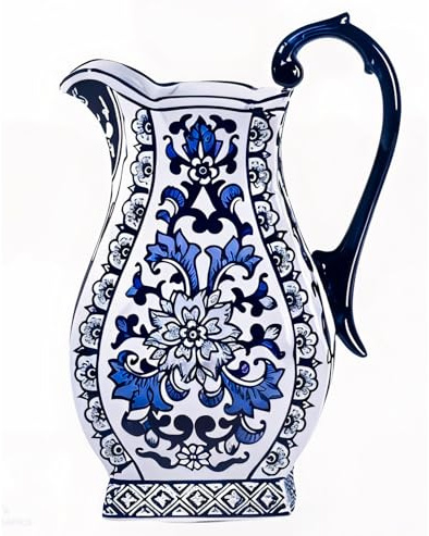 Exquisite Porcelain Hand-Painted Blue and White Pitcher | Unique Shape for Distinctive Home Décor | Perfect as a Water Jug or Flower Vase | Elegant Ceramic Pitcher with Handle