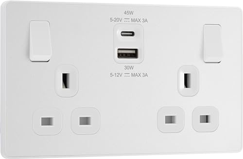 BG Electrical 45W Double Switched Power Wall Plug Socket with Super Fast Charge Type A & Type C USB Charging Ports, Evolve, Pearlescent White, 13A, PCDCL22UAC45W