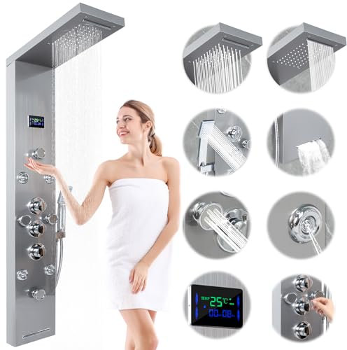 Shower Panel Tower System with Rainfall Waterfall Head and Adjustable Massage Body Jets LED Celsius Temperature Display Handheld Sprayer Stainless Steel Nickel and Chrome Wall Mount Shower Panels