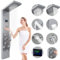 Shower Panel Tower System with Rainfall Waterfall Head and Adjustable Massage Body Jets LED Celsius Temperature Display Handheld Sprayer Stainless Steel Nickel and Chrome Wall Mount Shower Panels