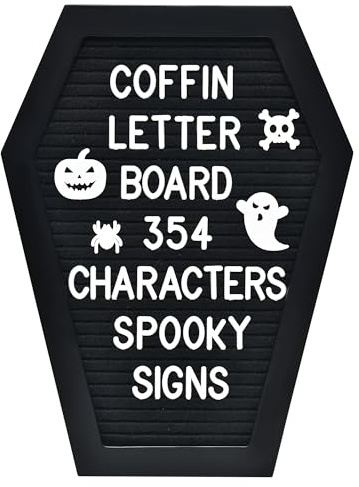 Coffin Letter Board - 354 Characters Spooky Halloween Characters with Wooden Stand and Canvas Bag - 10x7 Inches Small Size - Felt Message Board for Home Office Halloween Supplies & Decor (Black)
