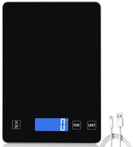 Bilancia da cucina digitale, 15 kg/1 g, bilancia da cucina digitale, ricaricabile USB, con display a LED e funzione tara, bilancia alimentare con fondo in vetro temperato per cottura e cottura