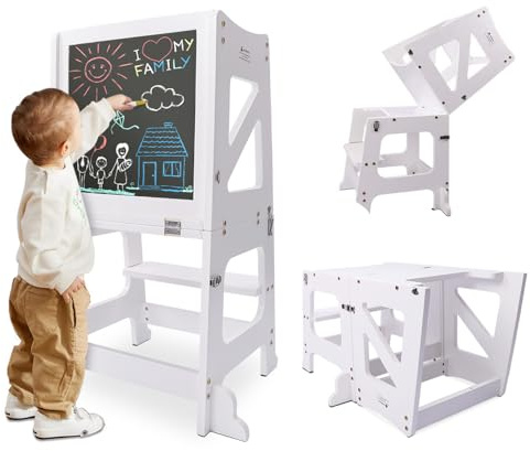 Growaystory 2in1 Lernturm Kinder Tritthocker Lernstuhl Kinderhocker Faltbarer Kinderschemel für Baby,mit doppelseitiger magnetischer Tafel,Umweltschutz,Küchen-/Badezimmerhelfer (Weiß)