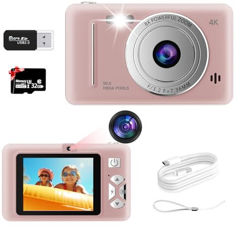 Kids Digital Camera, Dual-Lens Autofocus UHD 4K 48MP Vlogging Camera for Kids with 32GB TF Card, Compact Kids Camera, 8X Zoom, 2.7'' IPS Screen, Anti-Shake