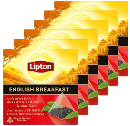 Lipton Schwarztee English Breakfast, ein Trio aus Assam, Ceylon und kenianischem Schwarztee, für einen Moment des klassischen Genusses, 6 x 20 Pyramidenbeutel