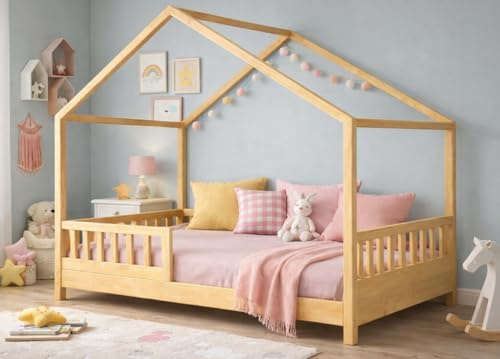 WEB2O Lit cabane en Bois pour Enfant 90x190 - avec Barrières de Sécurité et sommier Inclus - Style Maison