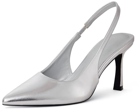 Zhabtuc Zapatos Mujer Slingback Elegantes y Cómodos para Vestir, Zapatos Tacon Mujer con Correa Ajustable, Sandalias de Tacón Alto de 10 cm, Punta Afilada, Stiletto, Plateado Mate, 41 EU