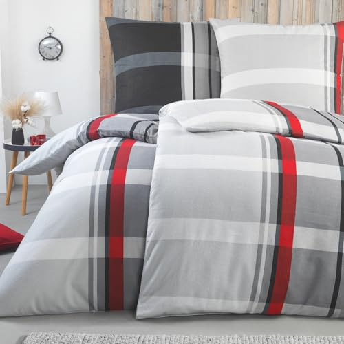 BaSaTex Feinbiber Winter Bettwäsche warme und kuschelige Bettgarnitur und Kissenbezug 4teilig 2X 135x200 +2X 80x80 cm | 100% Baumwolle | Jack - Anthrazit Grau Rot